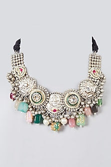 Oxidised Silver Finish Kundan Polki & Natural Stone Choker Necklace