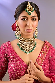 Gold Finish Kundan Polki & Green Stone Necklace Set