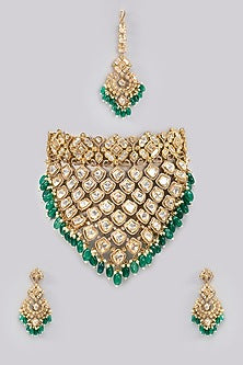 Gold Finish Kundan Polki & Green Stone Necklace Set