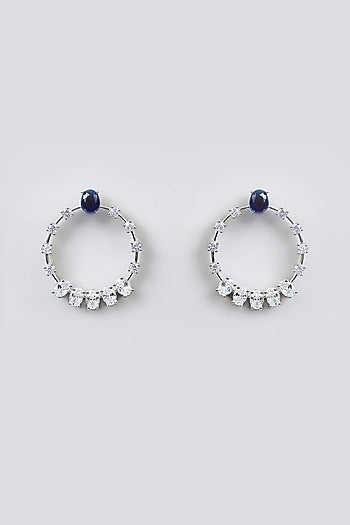 White Finish Diamond & Sapphire Stone Hoop Earrings