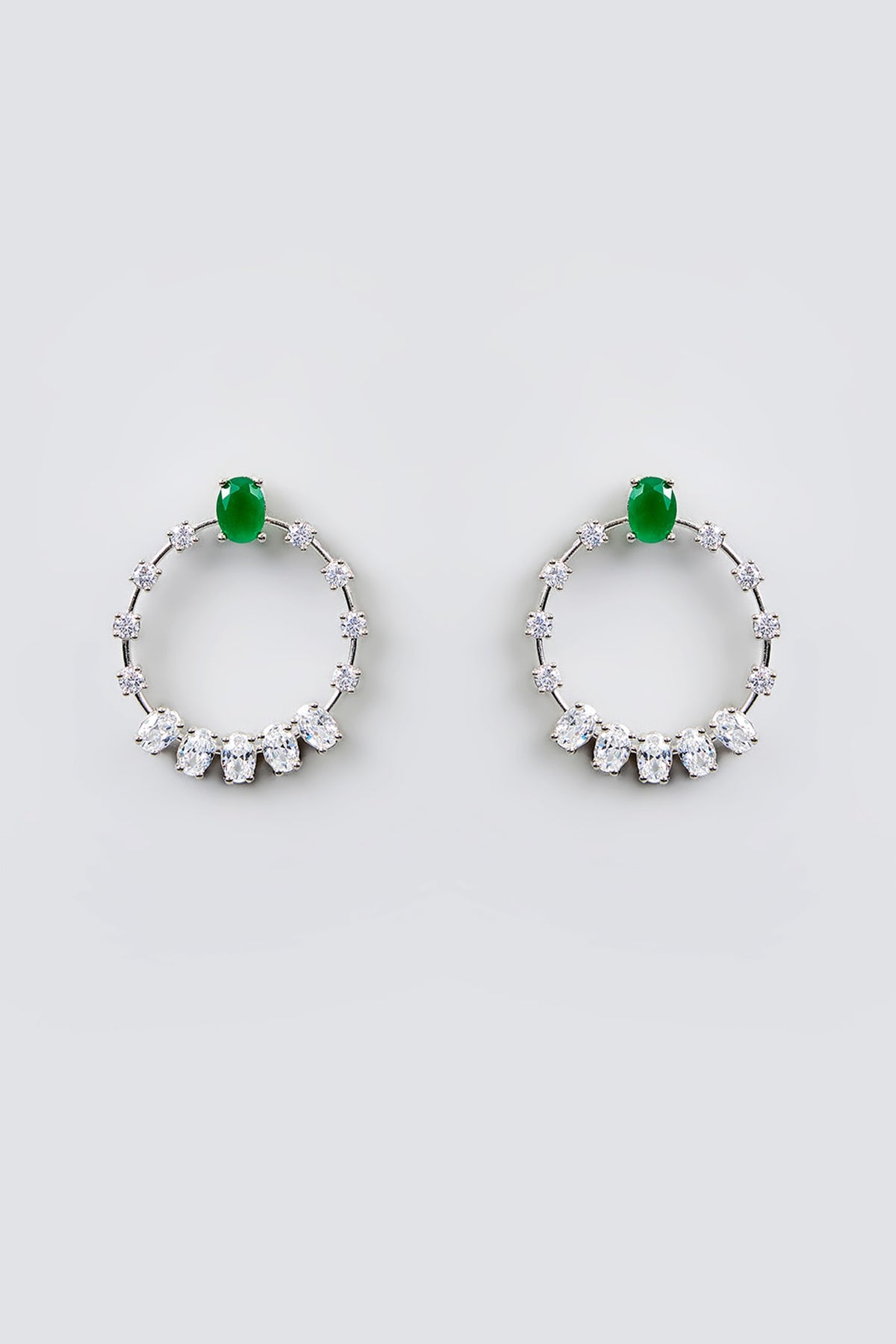 White Finish Diamond & Emerald Stone Hoop Earrings