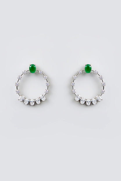 White Finish Diamond & Emerald Stone Hoop Earrings
