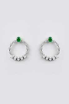 White Finish Diamond & Emerald Stone Hoop Earrings