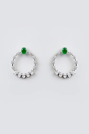 White Finish Diamond & Emerald Stone Hoop Earrings