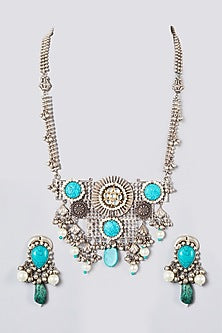 Metal Oxidised Turquoise Natural Stone Long Necklace Set