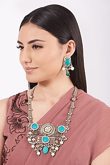 Metal Oxidised Turquoise Natural Stone Long Necklace Set