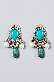 Metal Oxidised Turquoise Natural Stone Long Necklace Set
