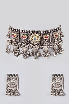Metal Oxidised Kundan & Natural Stone Choker Necklace Set