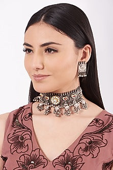 Metal Oxidised Kundan & Natural Stone Choker Necklace Set