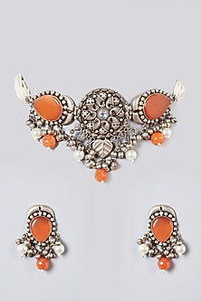 Metal Oxidised Peach Natural Stone Choker Necklace Set