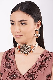 Metal Oxidised Peach Natural Stone Choker Necklace Set
