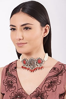 Metal Oxidised Dark Orange Natural Stone Choker Necklace