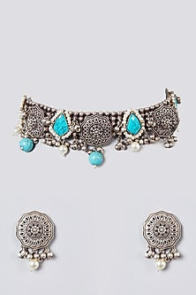 Metal Oxidised Turquoise Natural Stone Choker Necklace Set