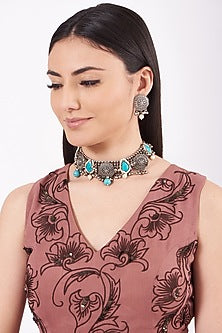 Metal Oxidised Turquoise Natural Stone Choker Necklace Set