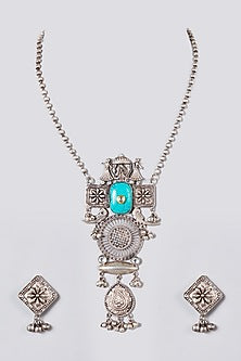 Metal Oxidised Kundan & Turquoise Natural Stone Long Necklace Set