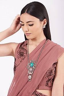 Metal Oxidised Kundan & Turquoise Natural Stone Long Necklace Set