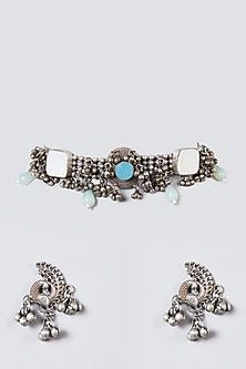 Metal Oxidised Kundan & Pearl Choker Necklace Set