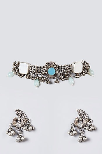 Metal Oxidised Kundan & Pearl Choker Necklace Set