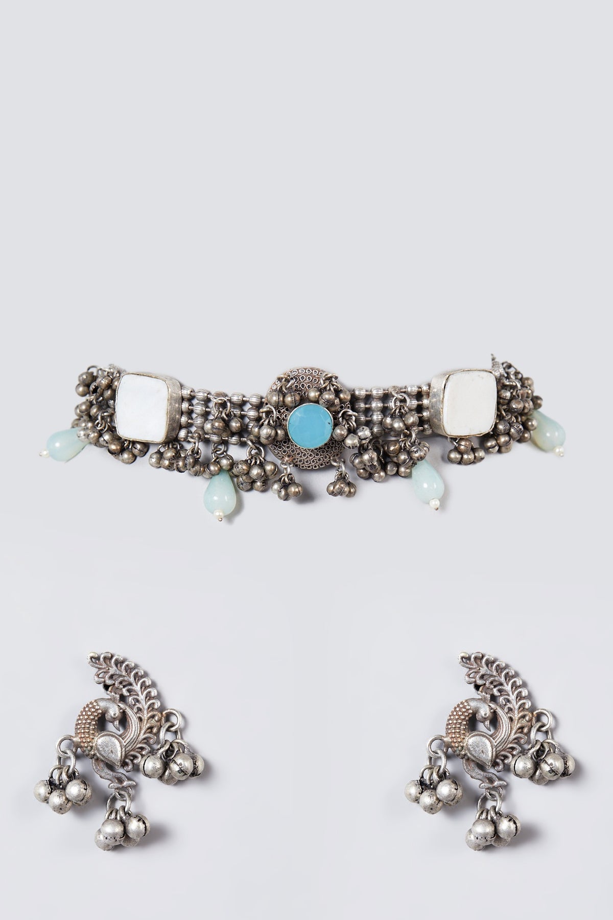 Metal Oxidised Kundan & Pearl Choker Necklace Set