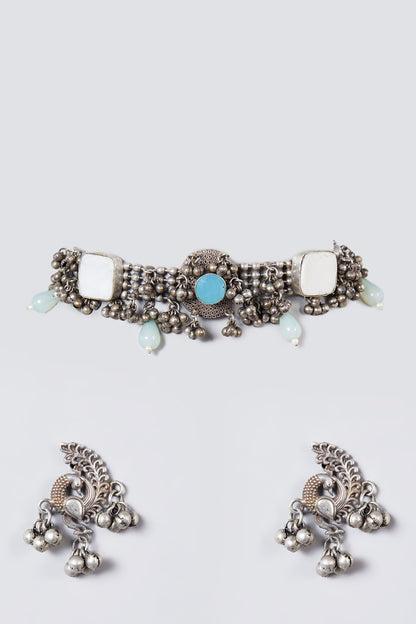 Metal Oxidised Kundan & Pearl Choker Necklace Set