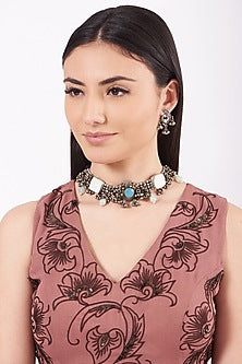 Metal Oxidised Kundan & Pearl Choker Necklace Set