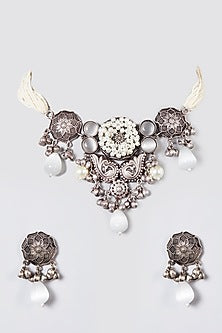 Metal Oxidised White Natural Stone & Kundan Choker Necklace Set