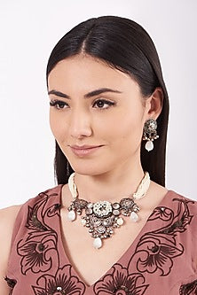 Metal Oxidised White Natural Stone & Kundan Choker Necklace Set