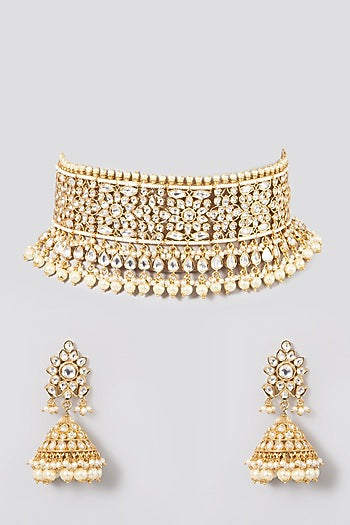 Gold Finish Kundan Polki Choker Necklace Set