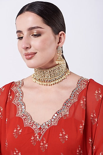Gold Finish Kundan Polki Choker Necklace Set