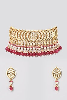 Gold Finish Kundan Polki & Red Stone Choker Necklace Set