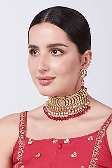 Gold Finish Kundan Polki & Red Stone Choker Necklace Set