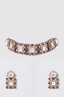 Gold Finish Kundan Polki & Pink Stone Choker Necklace Set