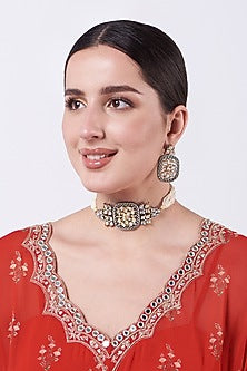 Gold Plated Kundan Polki & Beaded Choker Necklace Set