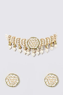 Gold Finish Kundan Polki & Pearl Choker Necklace Set