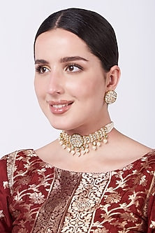 Gold Finish Kundan Polki & Pearl Choker Necklace Set