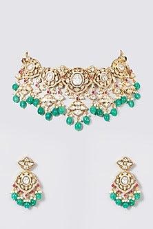 Gold Finish Kundan Polki & Green Beaded Choker Necklace Set