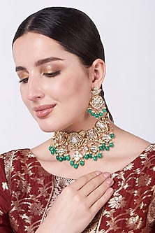 Gold Finish Kundan Polki & Green Beaded Choker Necklace Set