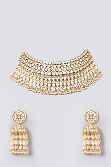 Gold Finish Kundan Polki & Pearl Bridal Choker Necklace Set