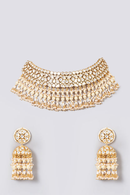Gold Finish Kundan Polki & Pearl Bridal Choker Necklace Set