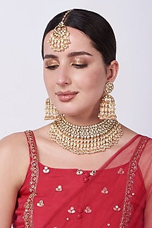 Gold Finish Kundan Polki & Pearl Bridal Choker Necklace Set