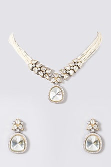 Black Rhodium Finish Kundan Polki & Pearl Necklace Set
