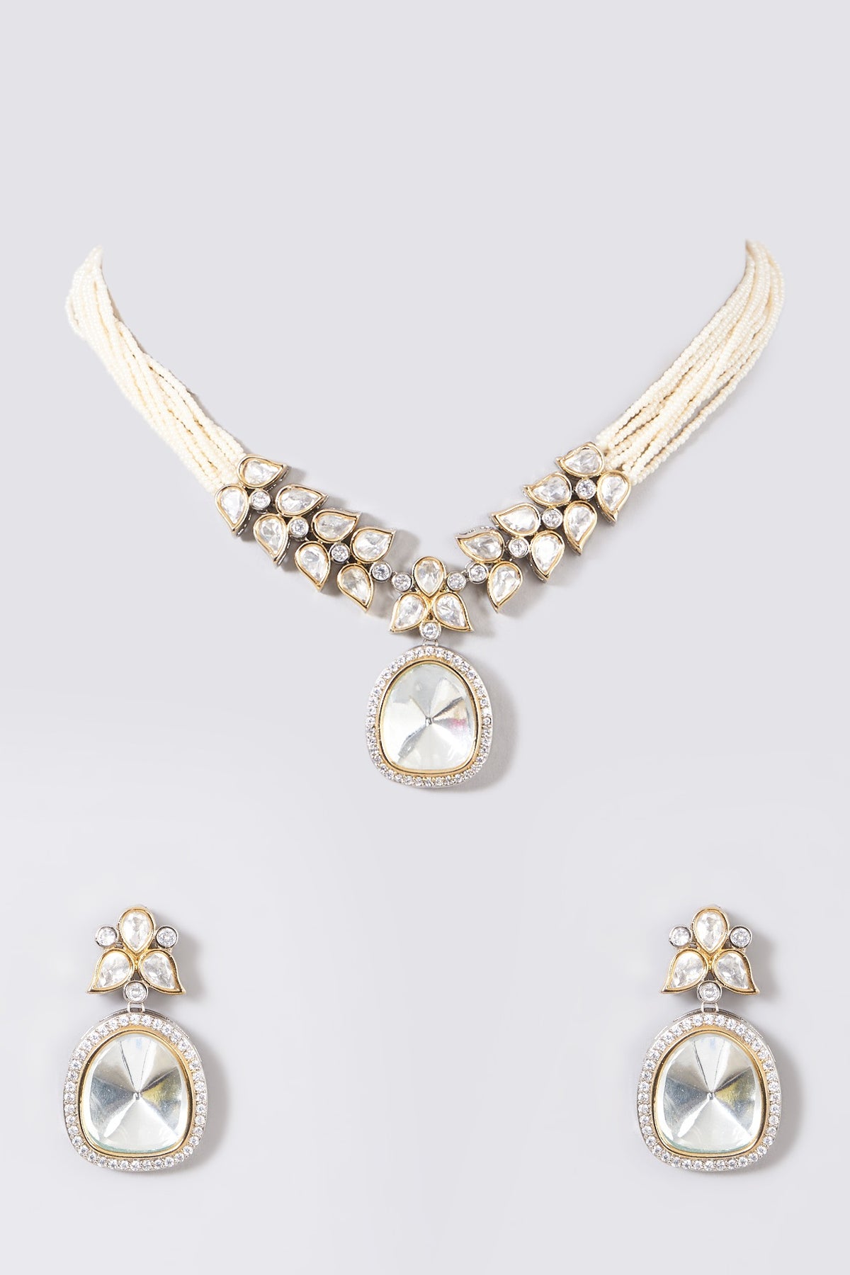 Black Rhodium Finish Kundan Polki & Pearl Necklace Set