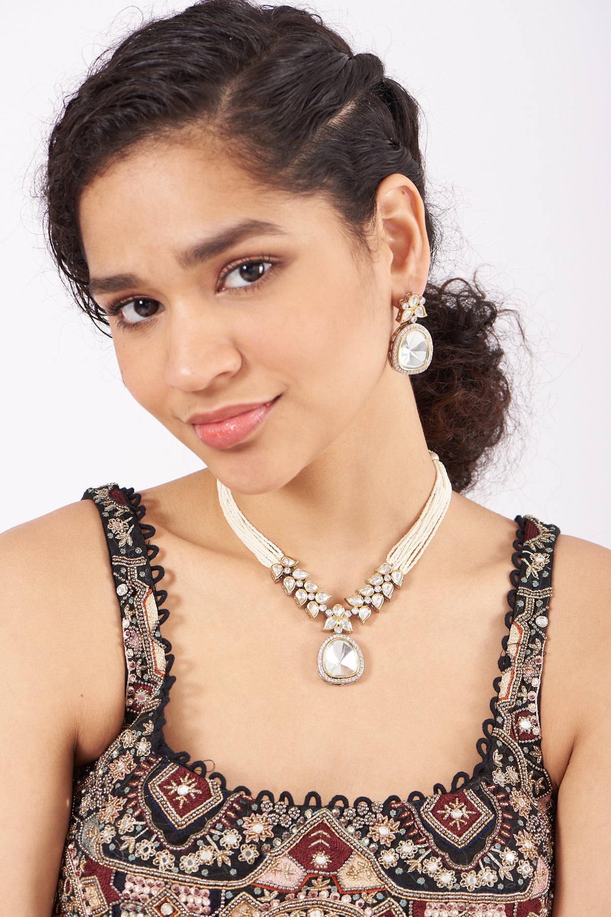 Black Rhodium Finish Kundan Polki & Pearl Necklace Set