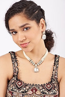 Black Rhodium Finish Kundan Polki & Pearl Necklace Set