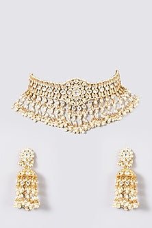 Gold Finish Kundan Polki & Pearl Bridal Choker Necklace Set