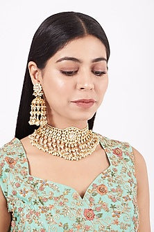 Gold Finish Kundan Polki & Pearl Bridal Choker Necklace Set