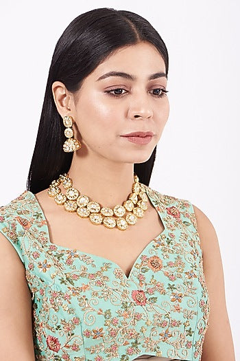 Gold Finish Kundan Polki & Pearl Necklace Set