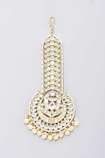 Gold Finish Kundan Polki & Pearl Maang Tikka