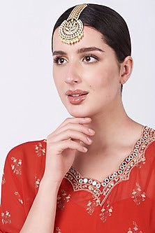 Gold Finish Kundan Polki & Pearl Maang Tikka