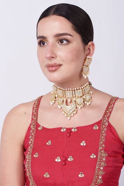 Gold Plated Kundan Polki & Pearl Choker Necklace Set